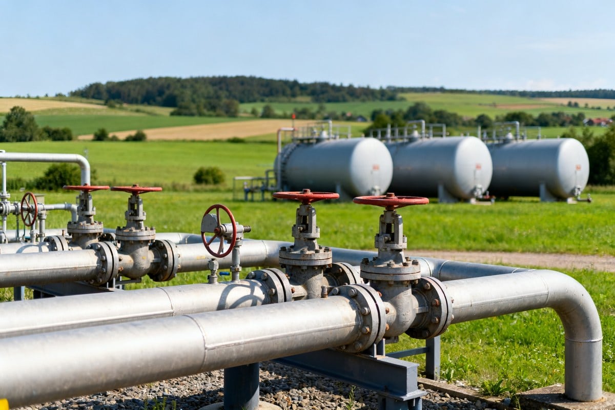Site industriel énergétique avec canalisations et cuves de stockage dans un paysage rural verdoyant