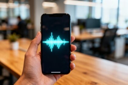 Une main tient un smartphone affichant une onde sonore lumineuse, dans un bureau moderne flou en arrière-plan