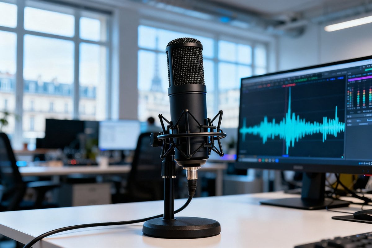 Micro de studio noir sur un bureau, devant un écran affichant une forme d'onde audio dans un espace de travail lumineux