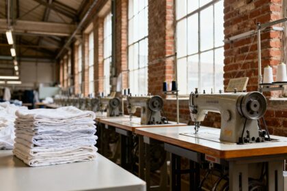 Atelier de confection avec une rangée de machines à coudre industrielles et une pile de tissus blancs pliés