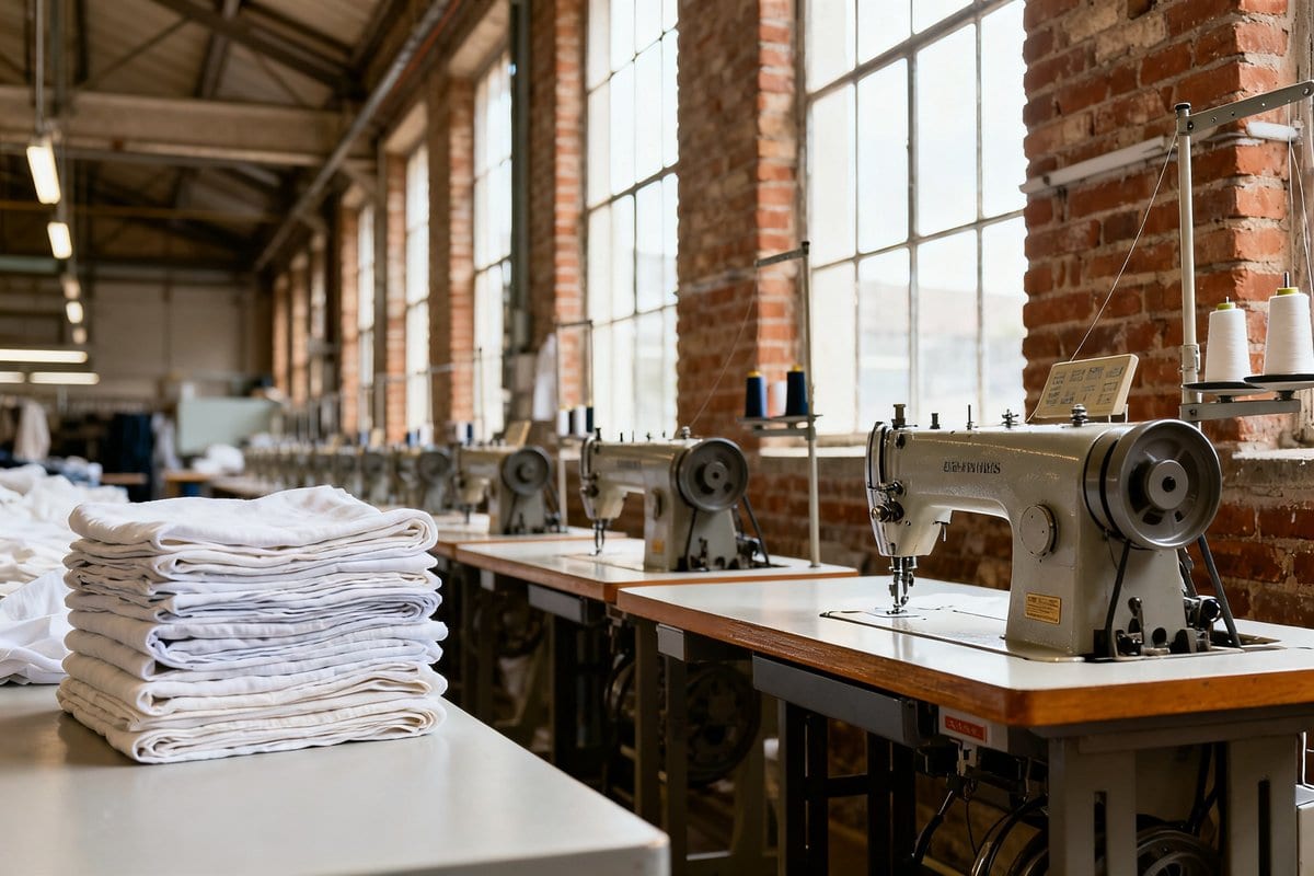 Atelier de confection avec une rangée de machines à coudre industrielles et une pile de tissus blancs pliés