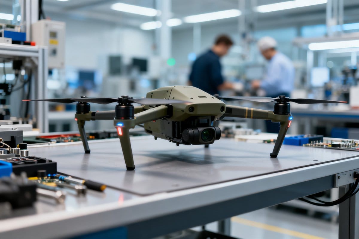 Un drone quadricoptère militaire vert posé sur un établi d'atelier, deux techniciens flous en arrière-plan