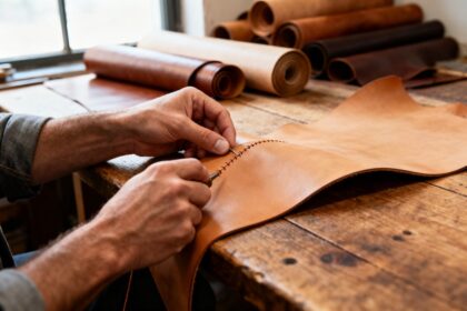 Mains d'un artisan cousant à la main une pièce de cuir dans un atelier de maroquinerie