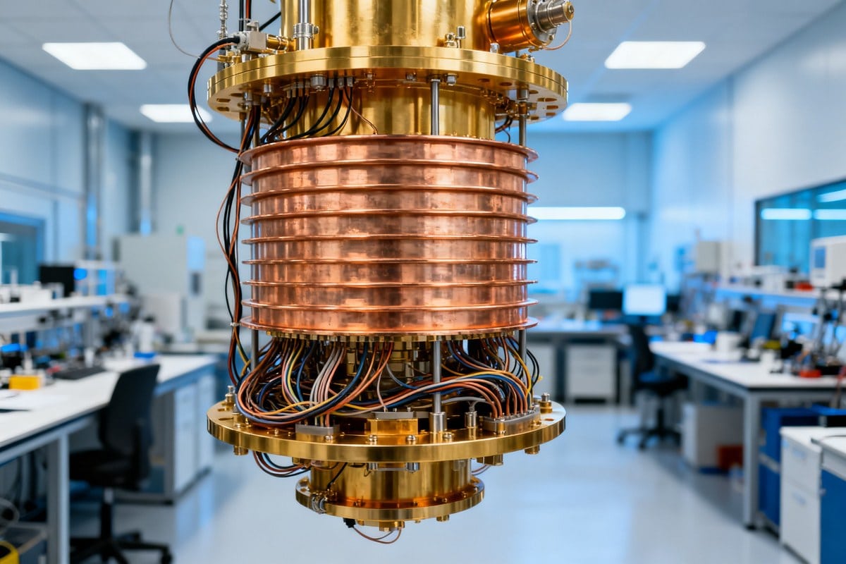 Cryostat doré et cuivré d'un ordinateur quantique suspendu dans un laboratoire de recherche