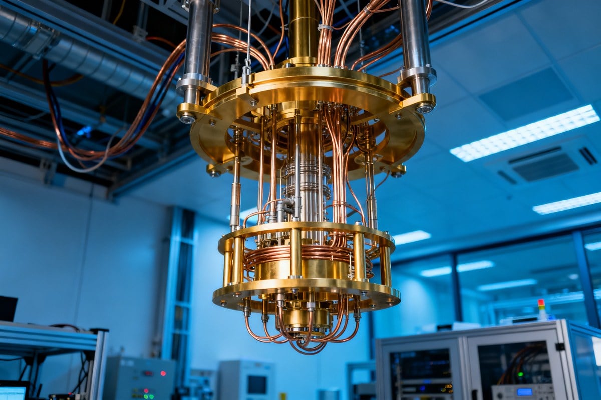 Cryostat doré d'un ordinateur quantique supraconducteur avec câblage de cuivre, suspendu dans un laboratoire aux lumières bleues.