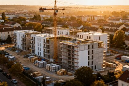 Vue aérienne d'un chantier de logements collectifs avec une grue jaune et des échafaudages, au soleil couchant