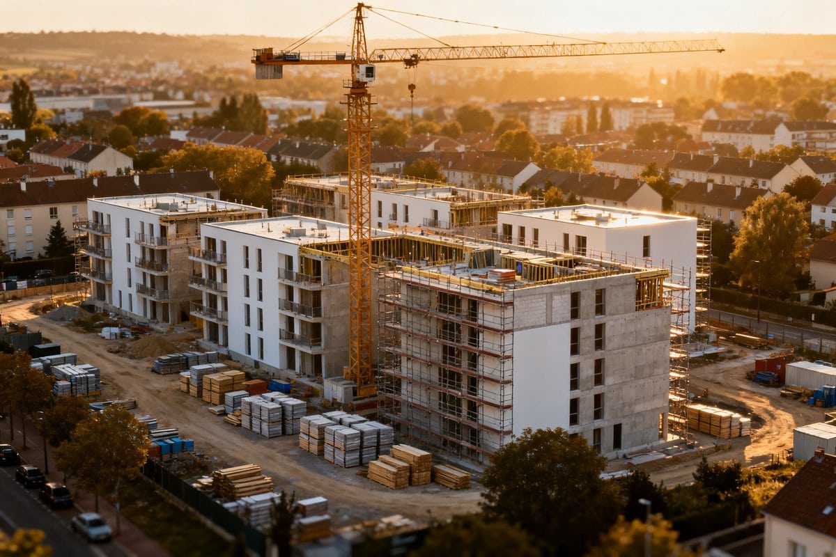 Vue aérienne d'un chantier de logements collectifs avec une grue jaune et des échafaudages, au soleil couchant