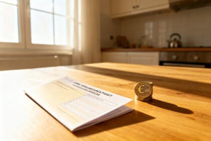 Livret d'épargne et pièces en euros posés sur une table près d'une fenêtre