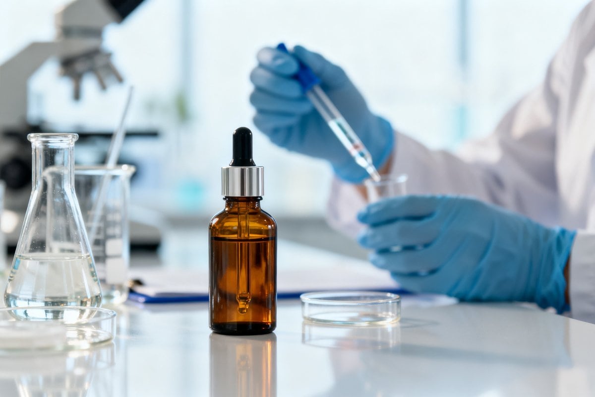 Flacons de sérum et béchers sur une paillasse de laboratoire cosmétique