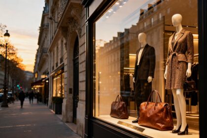 Vitrine d'une boutique de luxe sur une avenue haussmannienne au crépuscule, mannequins habillés et sacs en cuir