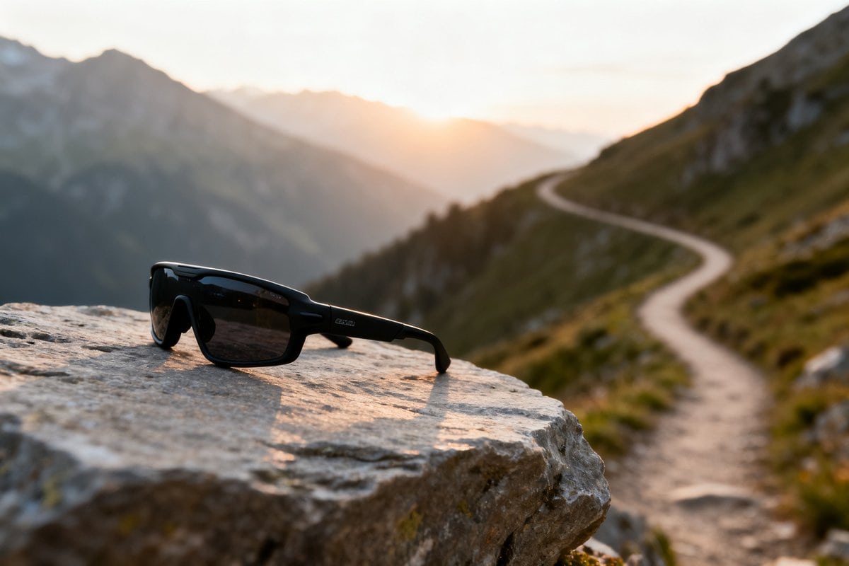 Lunettes de sport noires posées sur un rocher devant un sentier de montagne au lever du soleil