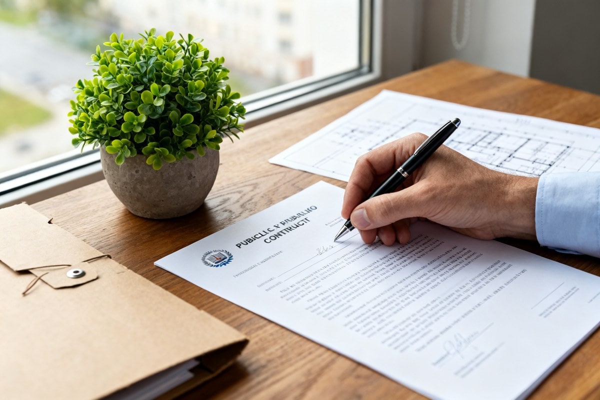 Main signant un contrat public sur un bureau en bois, à côté d'une plante verte et de plans d'architecte