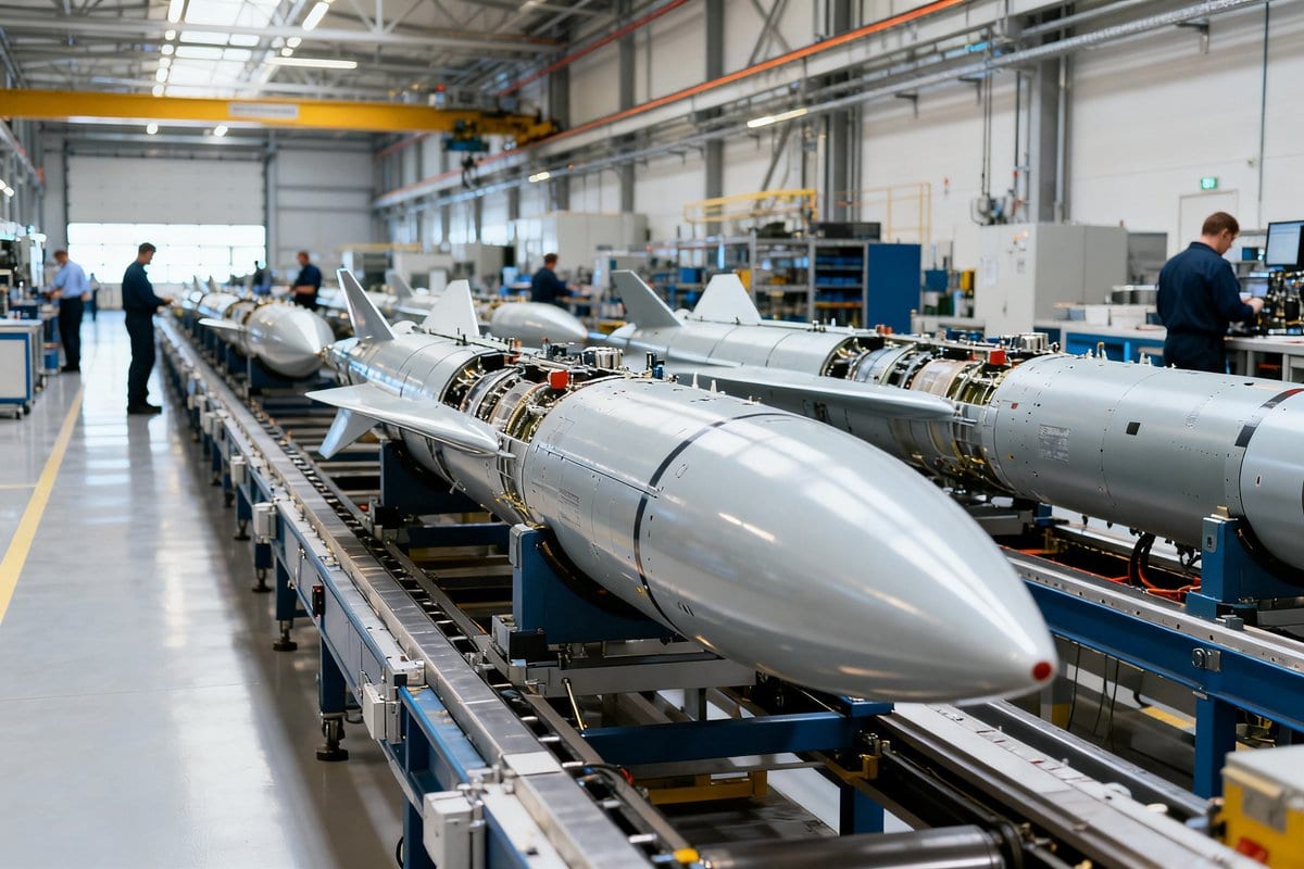 Missiles en cours d'assemblage sur une ligne de production dans une usine de défense