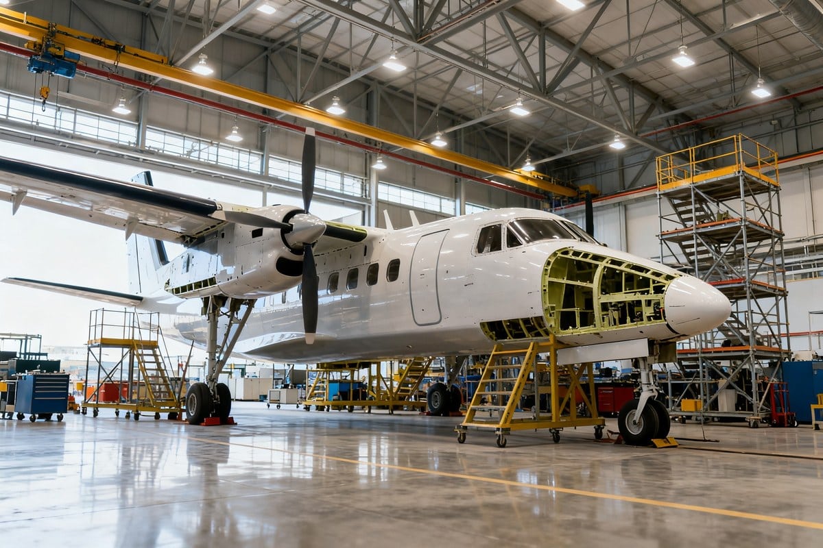 Avion turbopropulseur en cours d'assemblage dans un hangar aéronautique avec échafaudages