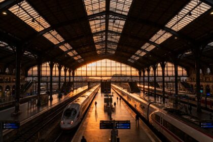 Halle vitrée d'une gare européenne au coucher du soleil, deux trains à grande vitesse à quai de part et d'autre d'un quai