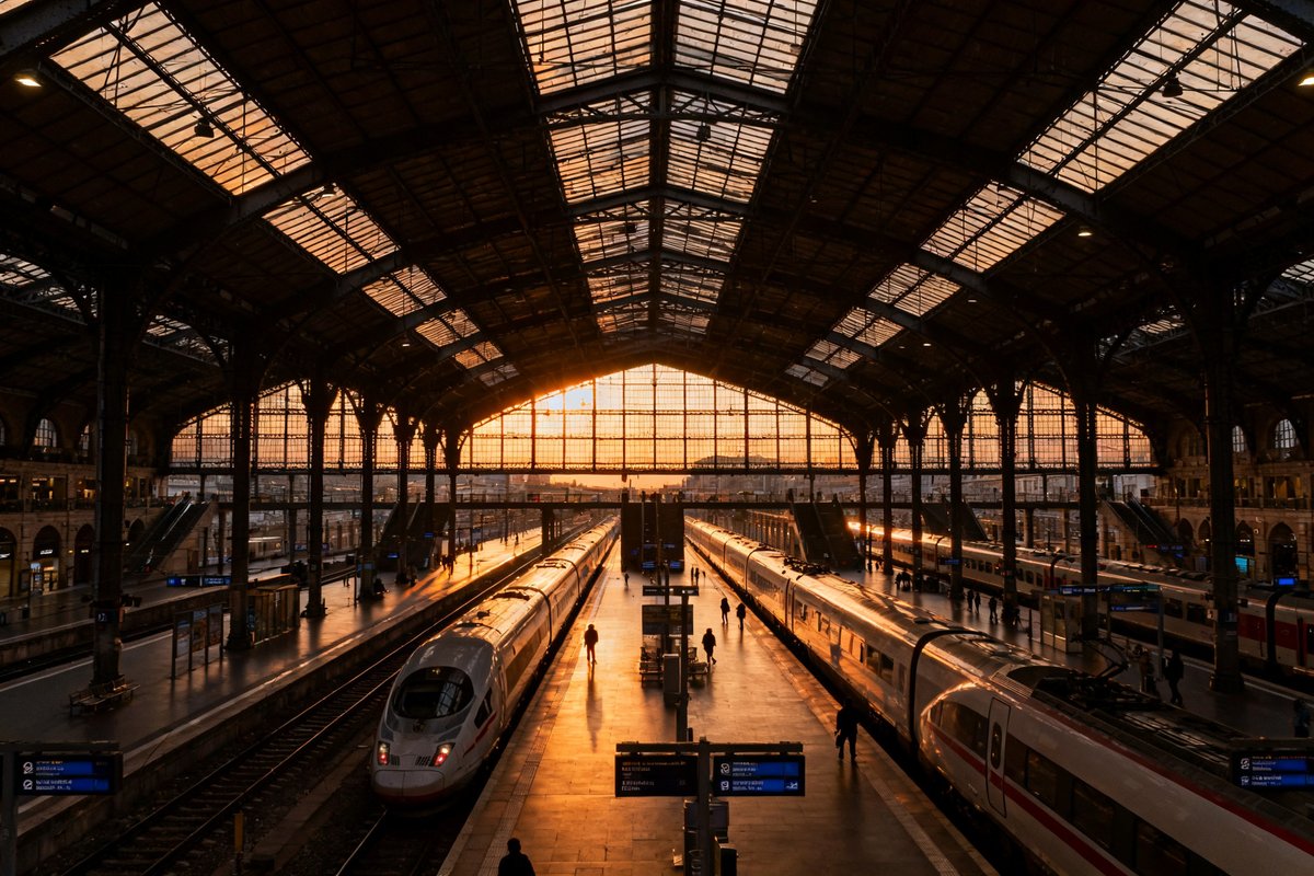 Halle vitrée d'une gare européenne au coucher du soleil, deux trains à grande vitesse à quai de part et d'autre d'un quai