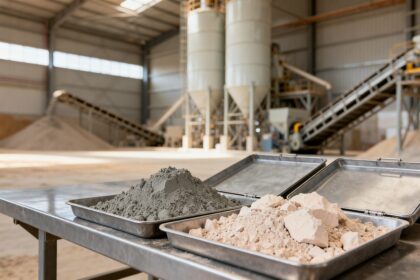 Bacs métalliques de poudre de liant gris et d'argile claire devant des silos dans un hall industriel