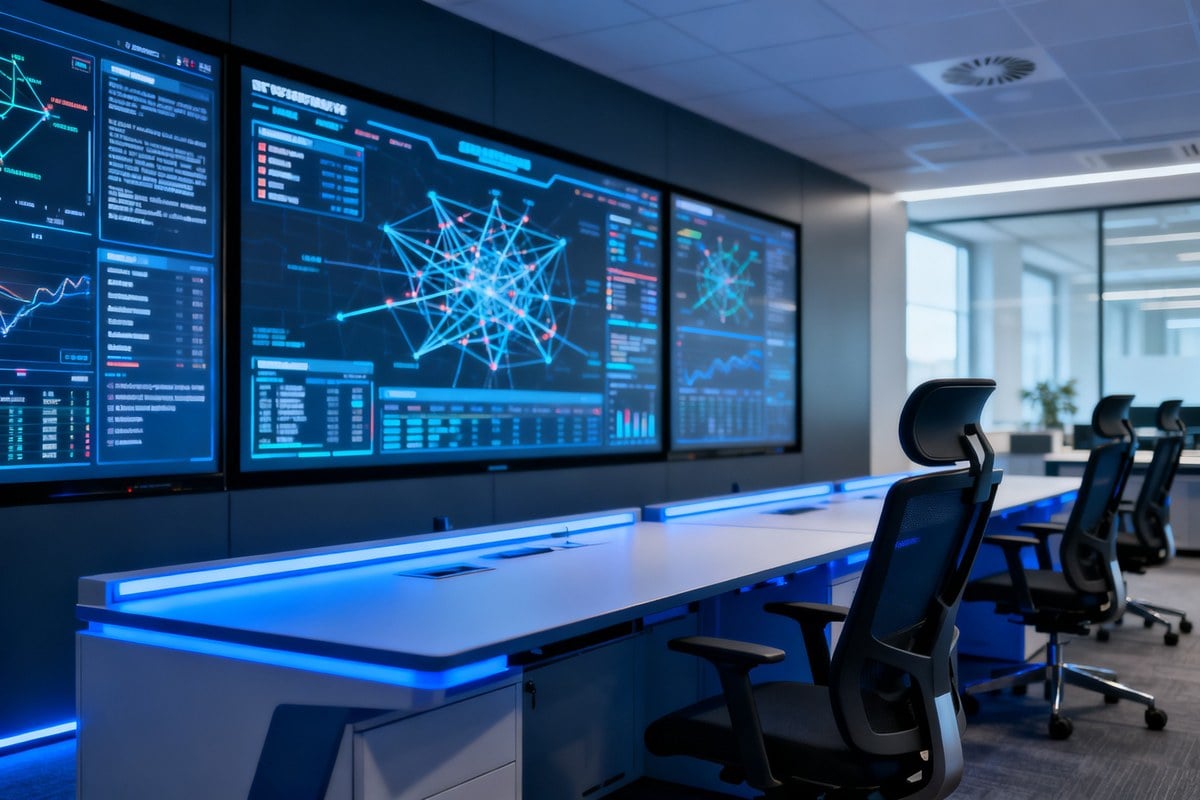 Salle de supervision de cybersécurité avec écrans de surveillance réseau dans un bureau européen.