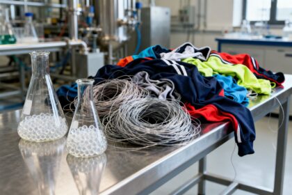 Vêtements de sport colorés et écheveau de fil synthétique sur une paillasse en inox, à côté de fioles de granulés