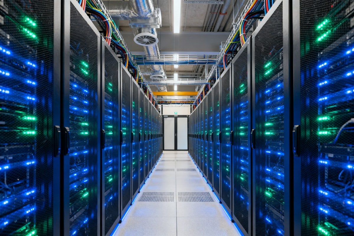Salle de centre de données avec rangées de serveurs illuminés et infrastructure de refroidissement.