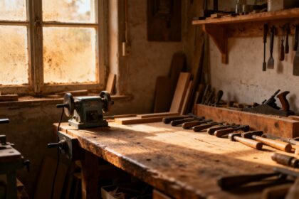 Atelier familial traditionnel avec établi en bois et outils, éclairé par la lumière du matin