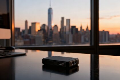 Petit boîtier électronique noir posé sur un bureau face à la skyline de Manhattan au crépuscule
