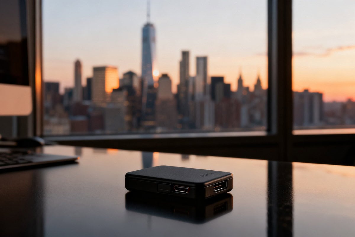 Petit boîtier électronique noir posé sur un bureau face à la skyline de Manhattan au crépuscule