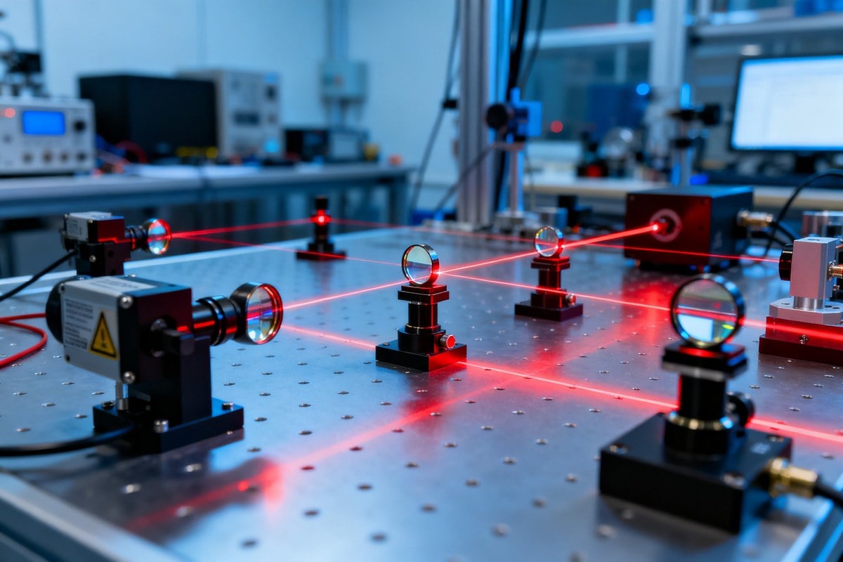 Table optique d'un laboratoire de physique avec faisceaux laser et optiques de précision.