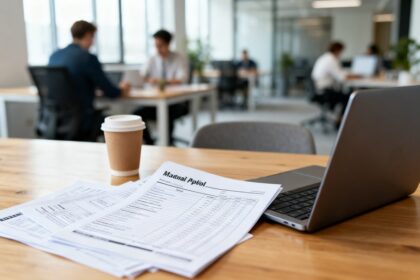 Documents de paie imprimés, gobelet de café et ordinateur portable sur un bureau en open space