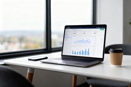 Bureau épuré avec un ordinateur portable affichant des tableaux de bord financiers