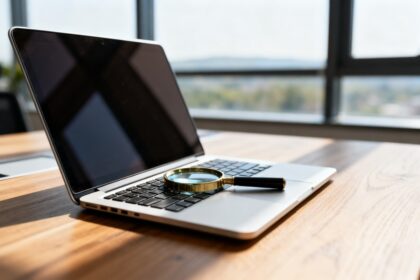 Ordinateur portable sur un bureau avec une loupe posée sur le clavier, évoquant le suivi des courriels.
