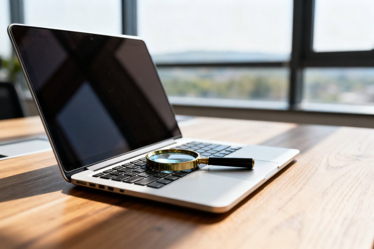 Ordinateur portable sur un bureau avec une loupe posée sur le clavier, évoquant le suivi des courriels.