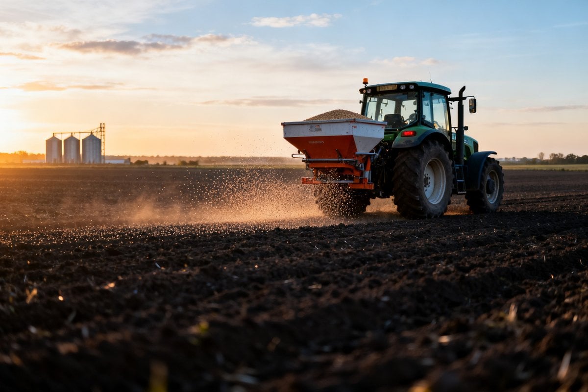 Tracteur épandant des engrais azotés dans un champ de grandes cultures au lever du jour