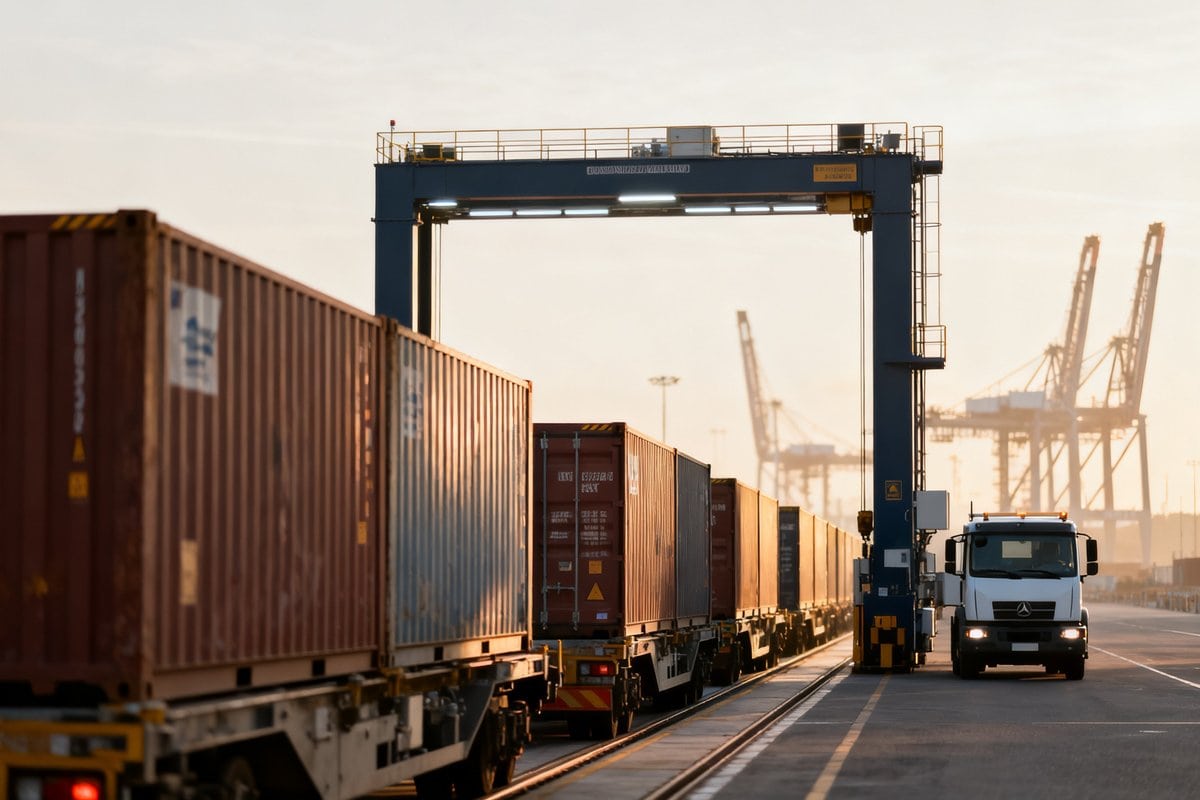 Conteneurs contrôlés par un portique scanner de la douane dans un terminal portuaire français