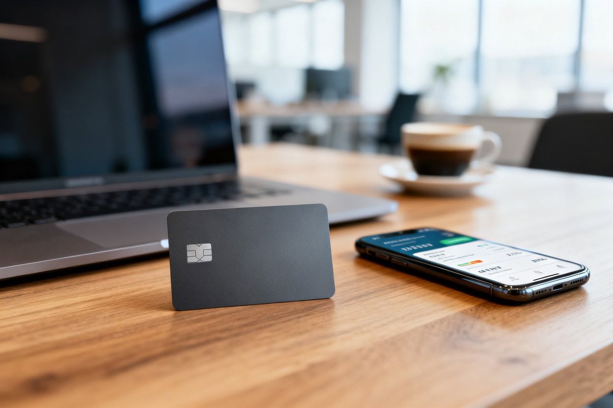 Tableau de bord de gestion bancaire affiché sur un smartphone posé sur le bureau d'une petite entreprise