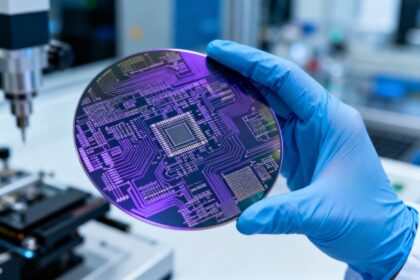 Main gantée tenant une plaque de silicium gravée de circuits violets dans un laboratoire de microélectronique