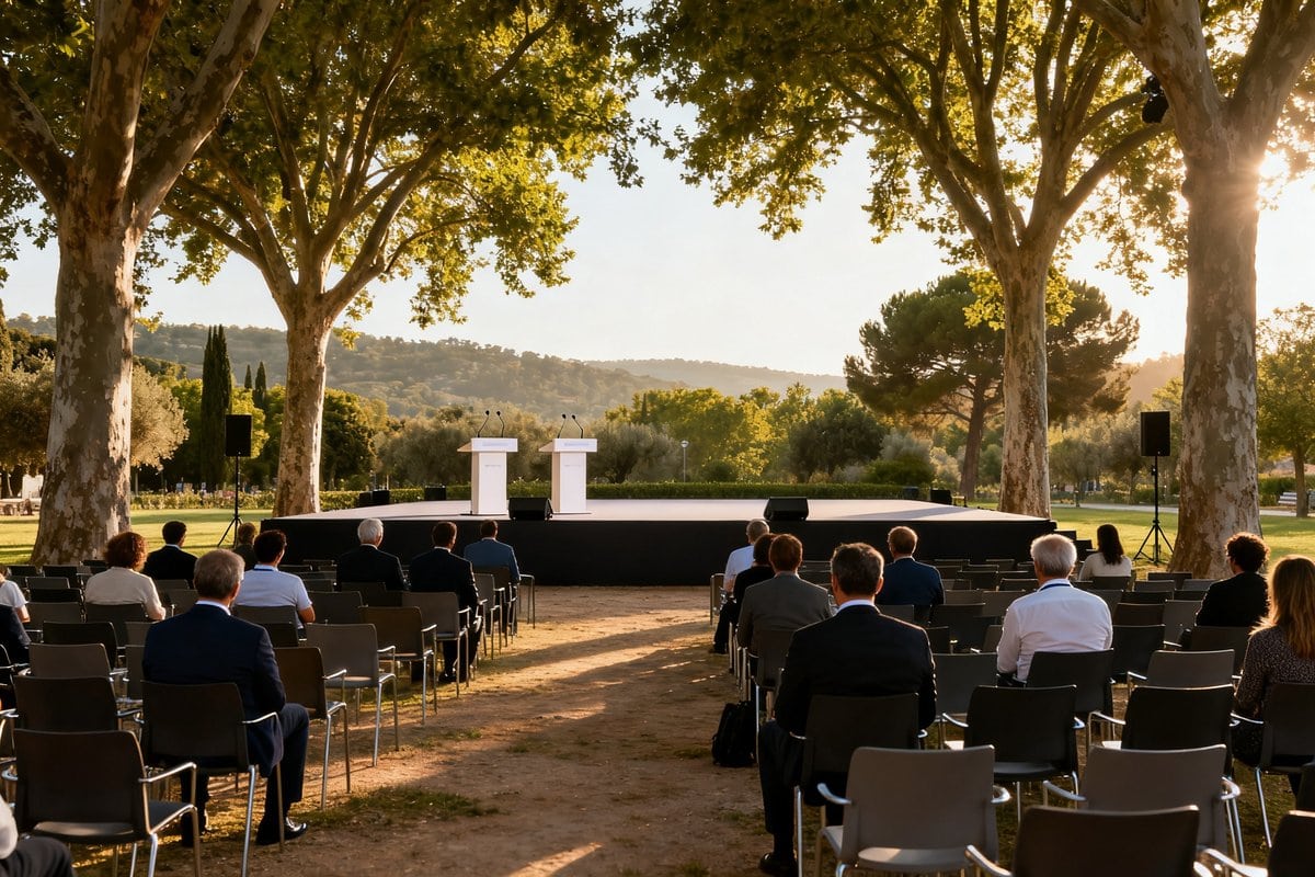 Scène et rangées de chaises d'une conférence économique en plein air sous les platanes
