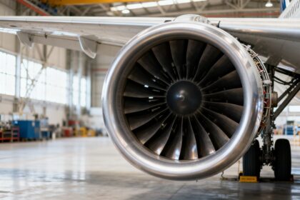 Turboréacteur monté sous l'aile d'un avion dans un hangar d'assemblage