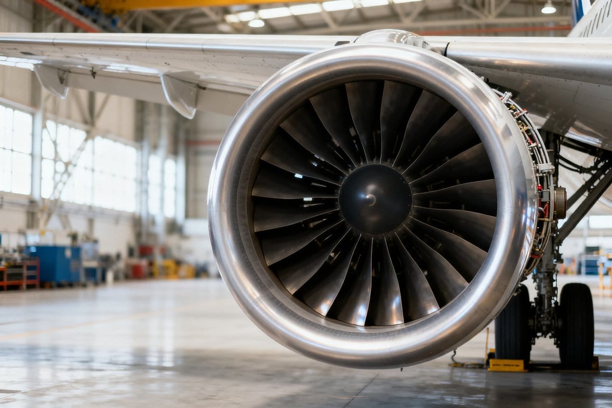 Turboréacteur monté sous l'aile d'un avion dans un hangar d'assemblage