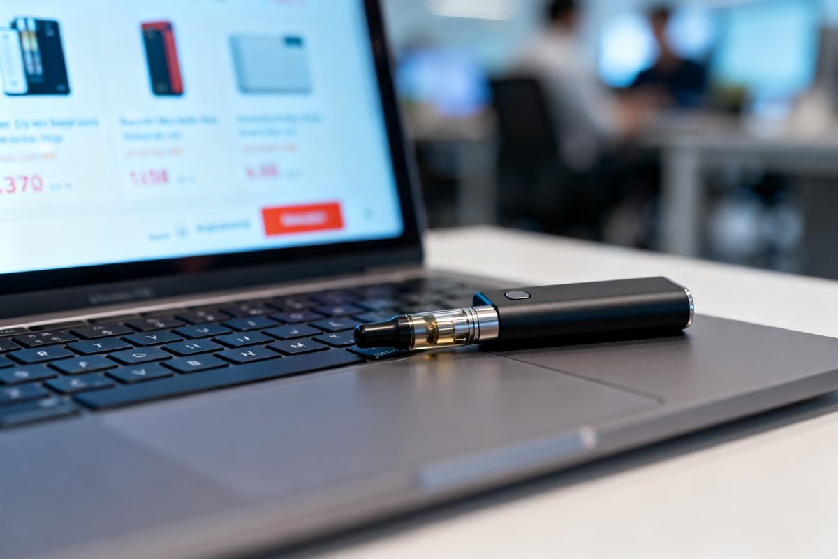 Cigarette électronique posée sur le clavier d'un ordinateur portable devant un tableau de bord de boutique en ligne
