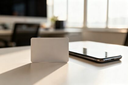 Une carte de paiement vierge posée sur un bureau lumineux à côté d'un smartphone
