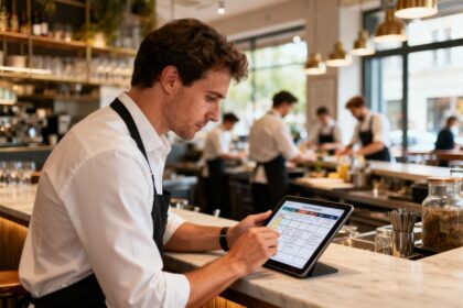 Un responsable en tablier consulte un planning d'équipe hebdomadaire sur une tablette au comptoir d'une brasserie animée
