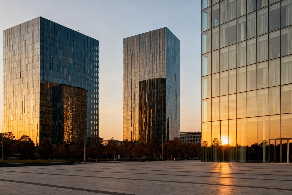 Tours de bureaux vitrées d'un quartier d'affaires européen au crépuscule