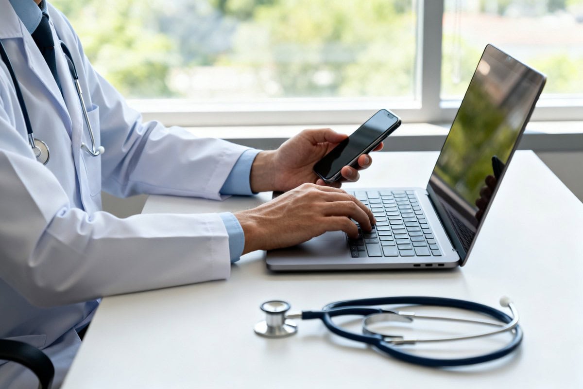 Mains d'un médecin utilisant un ordinateur portable et un smartphone sur un bureau, stéthoscope à côté