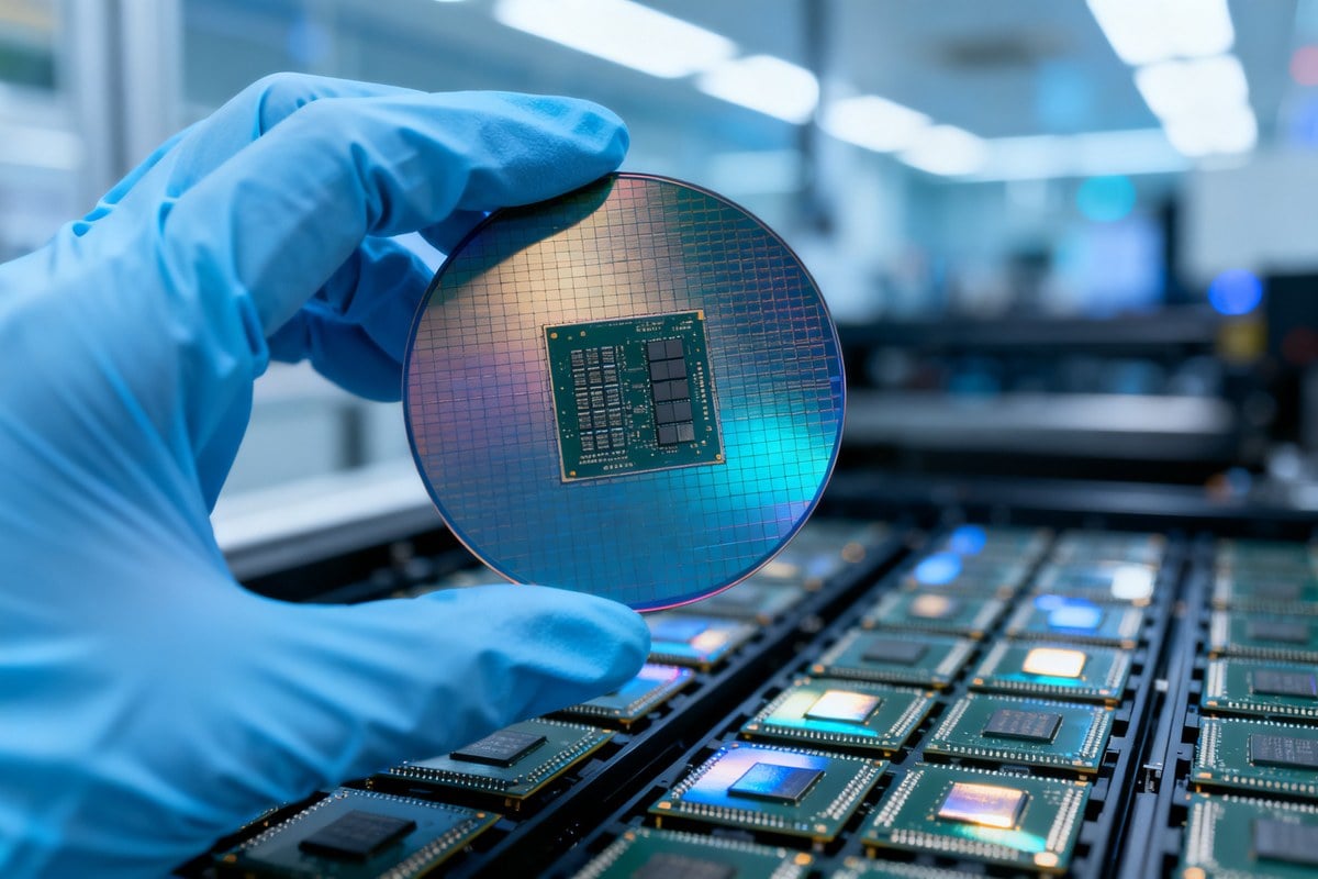 Plaquette de silicium manipulée avec des gants dans une salle blanche de fabrication de puces électroniques