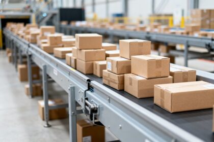 Petits colis en carton empilés sur un tapis de tri dans un centre logistique postal