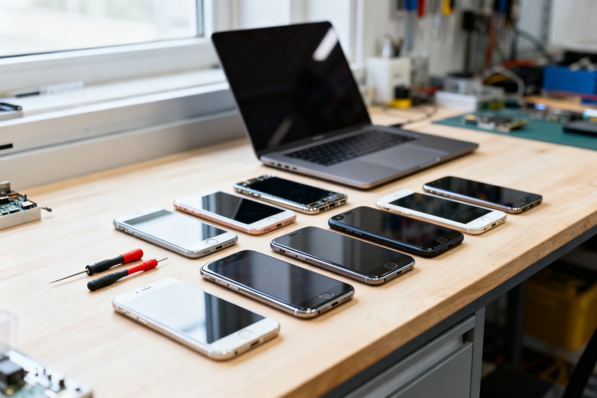 Plusieurs smartphones alignés sur un établi en bois, un ordinateur portable et des tournevis dans un atelier de réparation