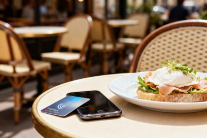 Carte de paiement et smartphone posés sur une table de café à côté d'une assiette déjeuner