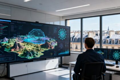 Un chercheur de dos observe un écran de simulation 3D et des réseaux de neurones dans un bureau donnant sur Paris