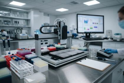 Bras robotisé de pipetage au-dessus de microplaques sur une paillasse inox, portoirs de tubes et écran de contrôle